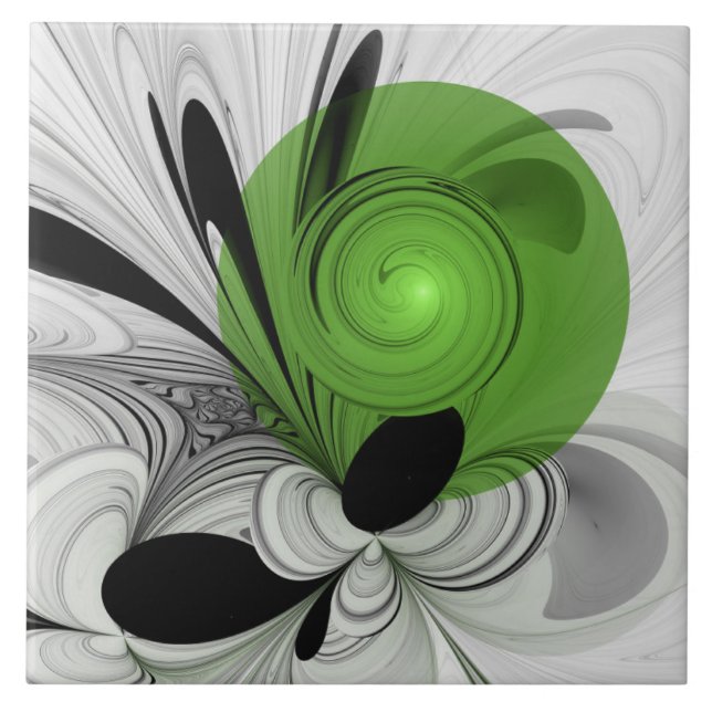 Azulejo Arte fractal abstracto en blanco y negro con verde (Frente)