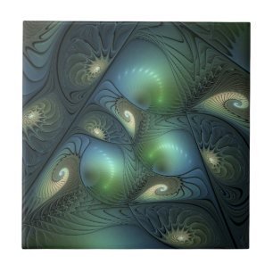 Azulejo Arte fractal abstracto espirales verde beige turqu