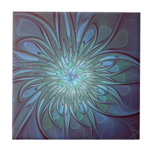 Azulejo Arte fractal de flores azules abstractas modernas