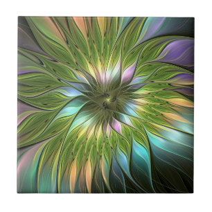 Azulejo Arte fractal de flores de fantasía coloridas lumin