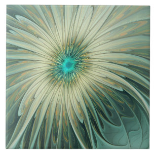 Azulejo Arte fractal de flores de fantasía verde sage abst