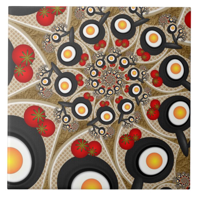 Azulejo Arte fractal divertido de brunch, tomates, huevos (Frente)
