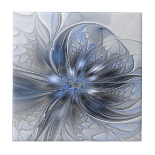 Azulejo Arte fractal floral abstracto de acuarela gris azu