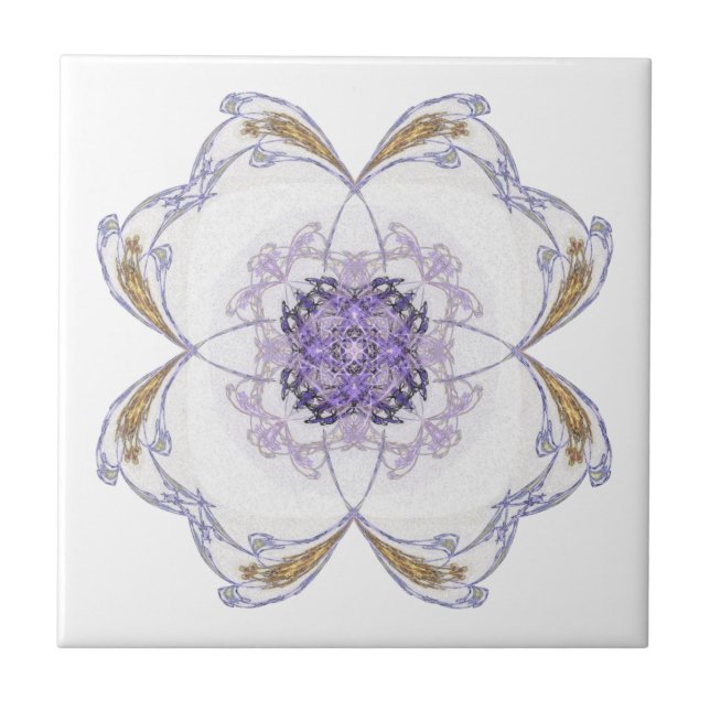 Azulejo Arte fractal morado y dorado de aspecto floral (Frente)