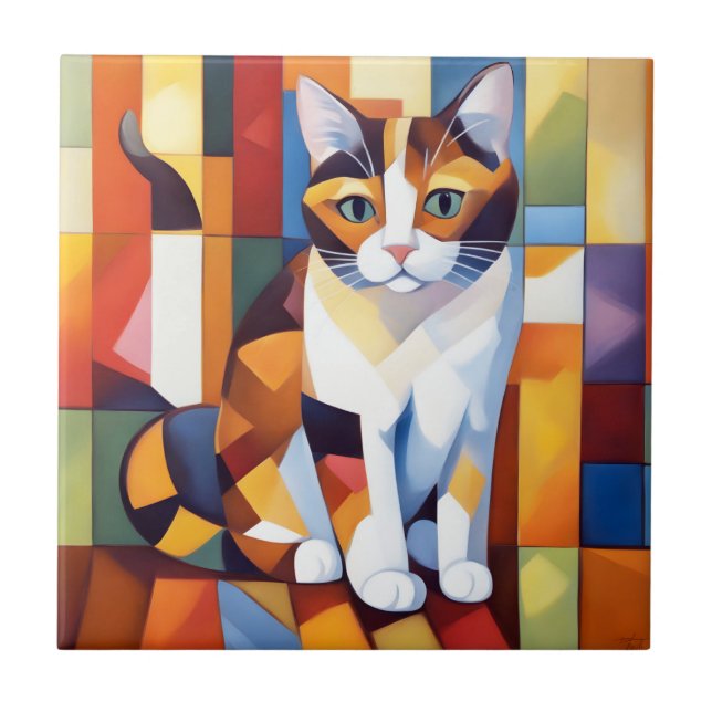 Azulejo Arte gato cubista de Calico (Frente)