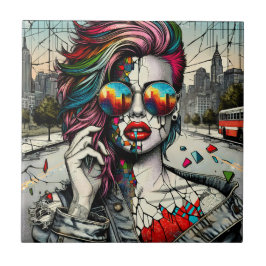 Azulejo Arte Grunge | Resumen de la mujer fracturada