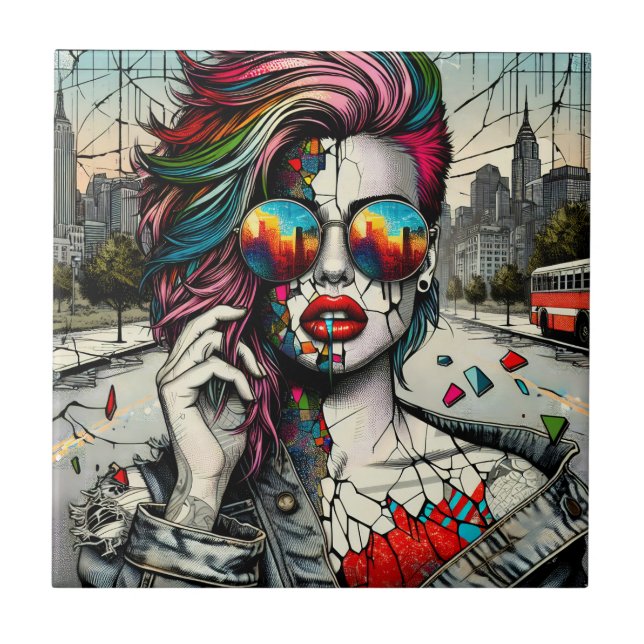 Azulejo Arte Grunge | Resumen de la mujer fracturada (Frente)