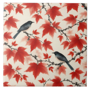 Azulejo Arte japonés de arce y pájaros de otoño