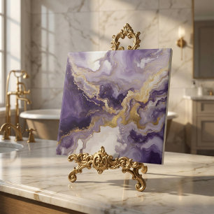 Azulejo Arte Líquido Metálico Púrpura y Mármol Ágata Dorad