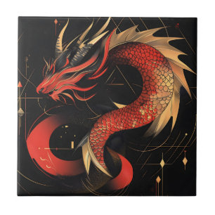 Azulejo Arte majestuoso del dragón chino rojo y dorado