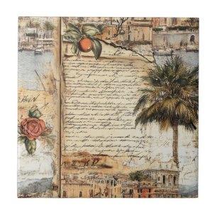 Azulejo Arte mediterráneo vintage con palmera y escritura