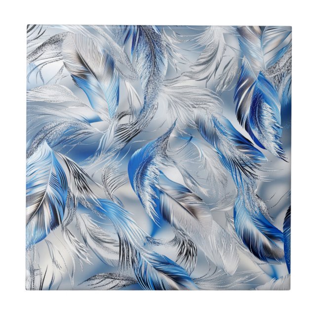 Azulejo Arte moderno con patrón de pluma plateada azul ele (Frente)