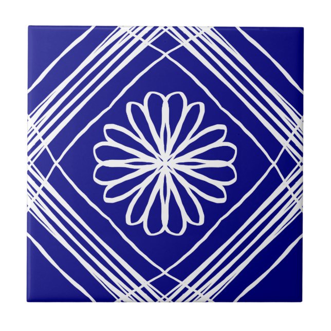 Azulejo Arte moderno de la línea azul de flores blancas (Frente)
