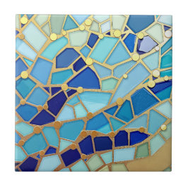 Azulejo Arte Mosaico Azul y Dorado del Mar de Olas
