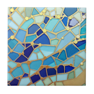 Azulejo Arte Mosaico Azul y Dorado del Mar de Olas