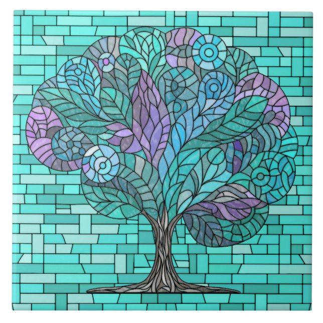 Azulejo Arte mosaico de árbol - turquesa y morado (Frente)