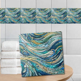 Azulejo Arte Mosaico Verde Turquesa Mar de Olas