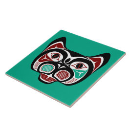 Azulejo Arte Nativo Americano Gato Rojo Negro Verde Blanco
