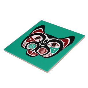 Azulejo Arte Nativo Americano Gato Rojo Negro Verde Blanco