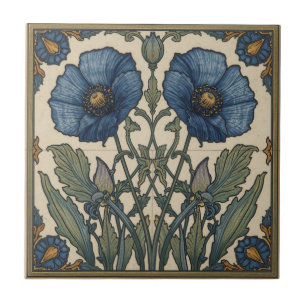 Azulejo Arte Nouveau Antiguo Amapolas Azules Floral