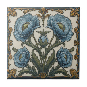 Azulejo Arte Nouveau Antiguo Amapolas Azules Floral