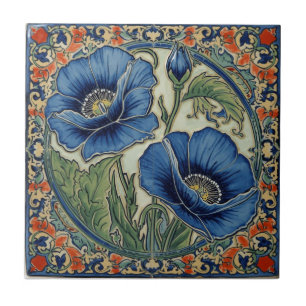 Azulejo Arte Nouveau Antiguo Amapolas Azules Floral
