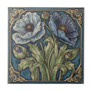 Azulejo Arte Nouveau Antiguo Amapolas Azules Floral