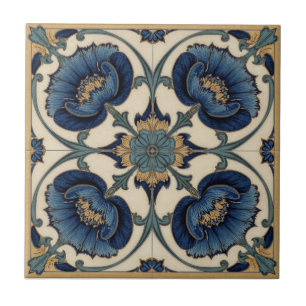 Azulejo Arte Nouveau Antiguo Amapolas Azules Floral