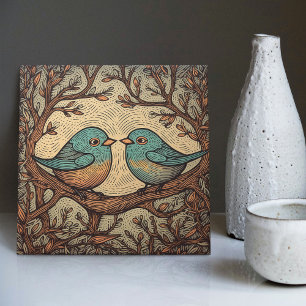 Azulejo Arte Nouveau Azul Suave Amor de Pájaro Antiguo