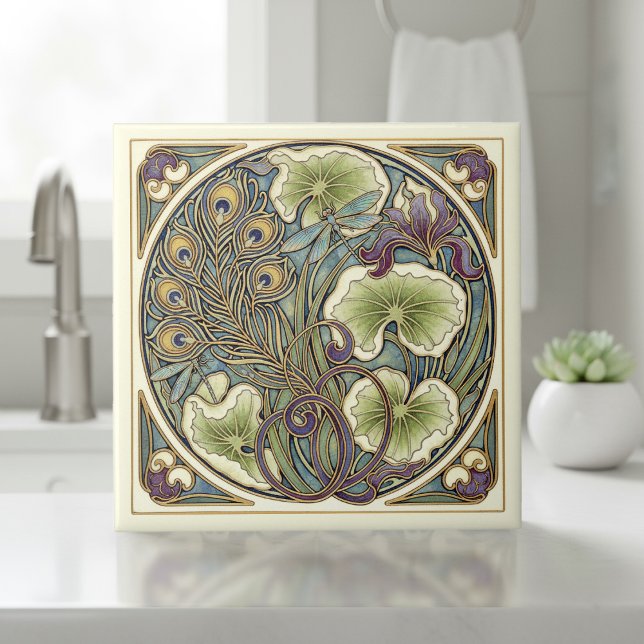 Azulejo Arte Nouveau pluma de pavo real Pat#7 ID1193 (Subido por el creador)