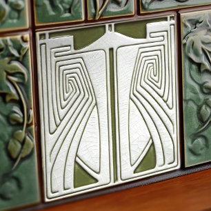Azulejo Arte Nuevo de Simetría de Época Media Verde Salvia