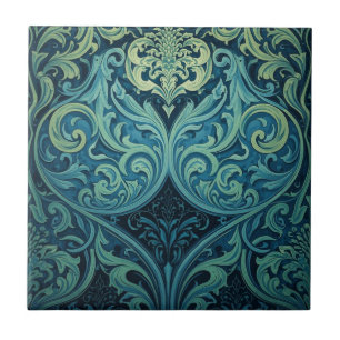 Azulejo Arte Nuevo floral azul y verde vintage