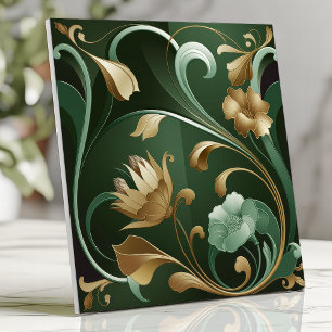 Azulejo Arte Nuevo floral elegante esmeralda y oro