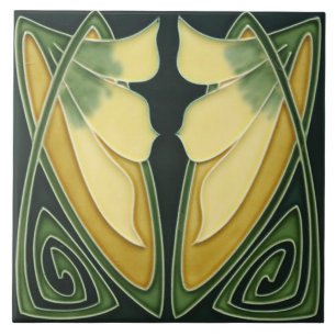 Azulejo - Arte Nuevo Fondo Verde Flores Marfil