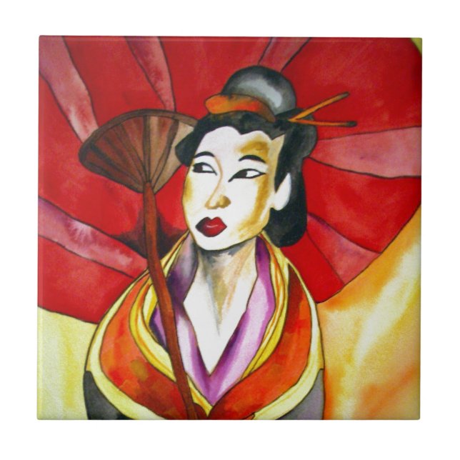Azulejo Arte original japonés Geisha, pintura acuarela (Frente)