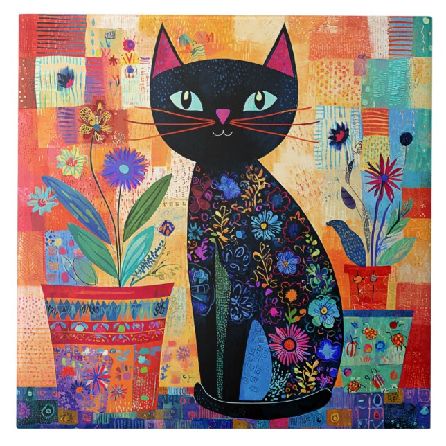 Azulejo Arte popular de gato negro (Frente)