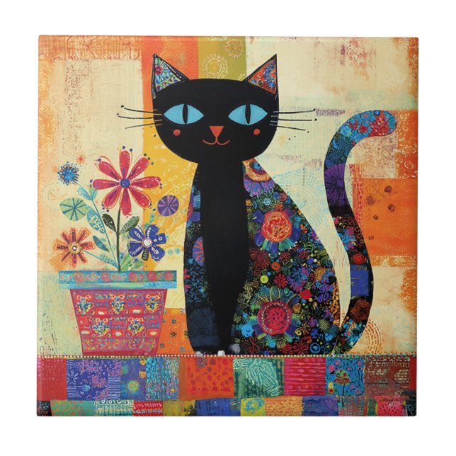 Azulejo Arte Popular de Gato Negro (Frente)