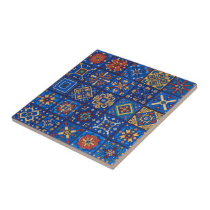 Azulejo Arte Popular Geométrico Azul Cobalto Bohemio