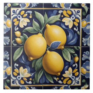 Azulejo Arte Popular Italiano de Limón Azul Marino Oscuro