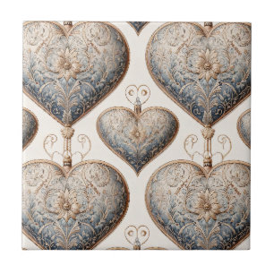 Azulejo Arte Popular Nórdico Corazones Florales en Azul y 