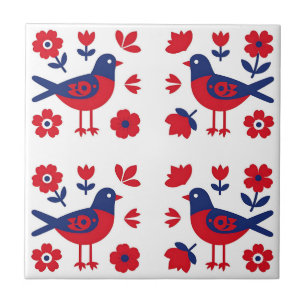 Azulejo Arte popular patrón floral pájaro rojo azul