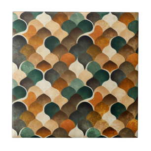 Azulejo Arte Retro Deco Geométrico en Dorado y Verde Cálid