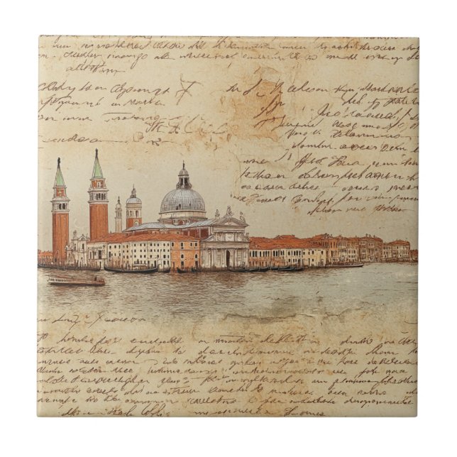 Azulejo Arte romántico vintage de Venecia con letra script (Frente)