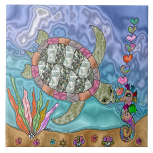 Azulejo Arte sicodélico de tortuga marina y caballito de m