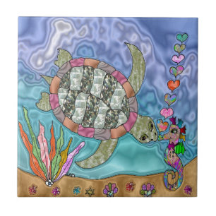 Azulejo Arte sicodélico de tortuga marina y caballito de m
