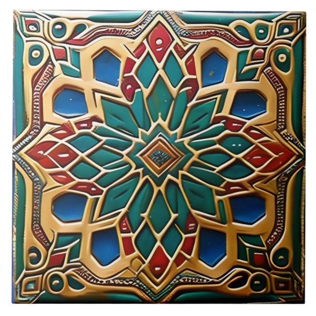 Azulejo Arte tradicional rojo y verde de cerámica (Frente)