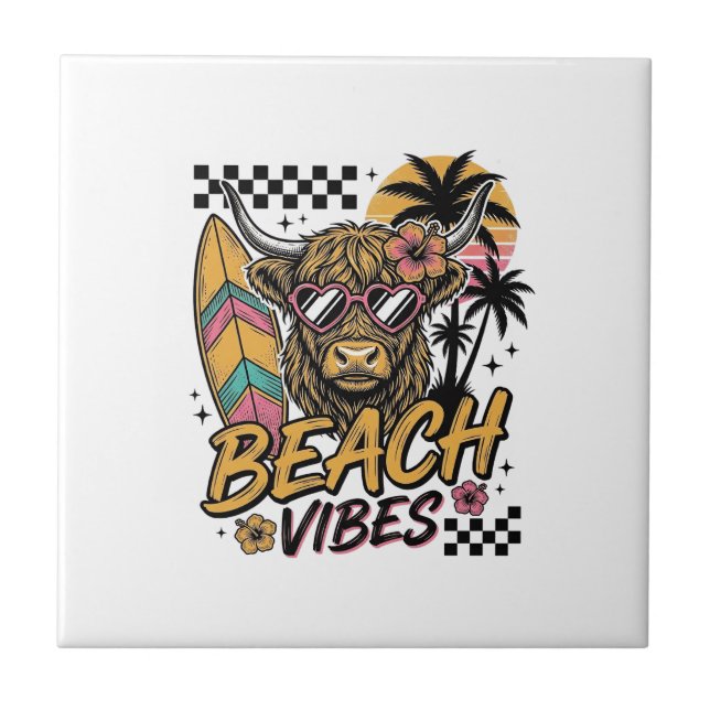 Azulejo Arte vectorial de verano de vaca de Highland con v (Frente)