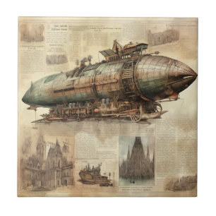 Azulejo Arte vintage de dirigible steampunk gris azul cobr