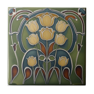 Azulejo Arte vintage modernista tulipanes amarillos floral