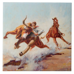 Azulejo Arte Western “Bull Dogger” de Will James
